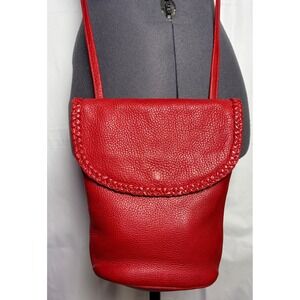 Vtg 90s Y2K Red Pebbled Leather Crossbody Bucket Bag Braided Trim Boho India